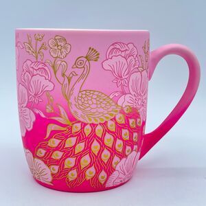 Dwell Studio Soft Touch Floral Mug Peacock Pink Blue Exotic Flowers Gold Trim